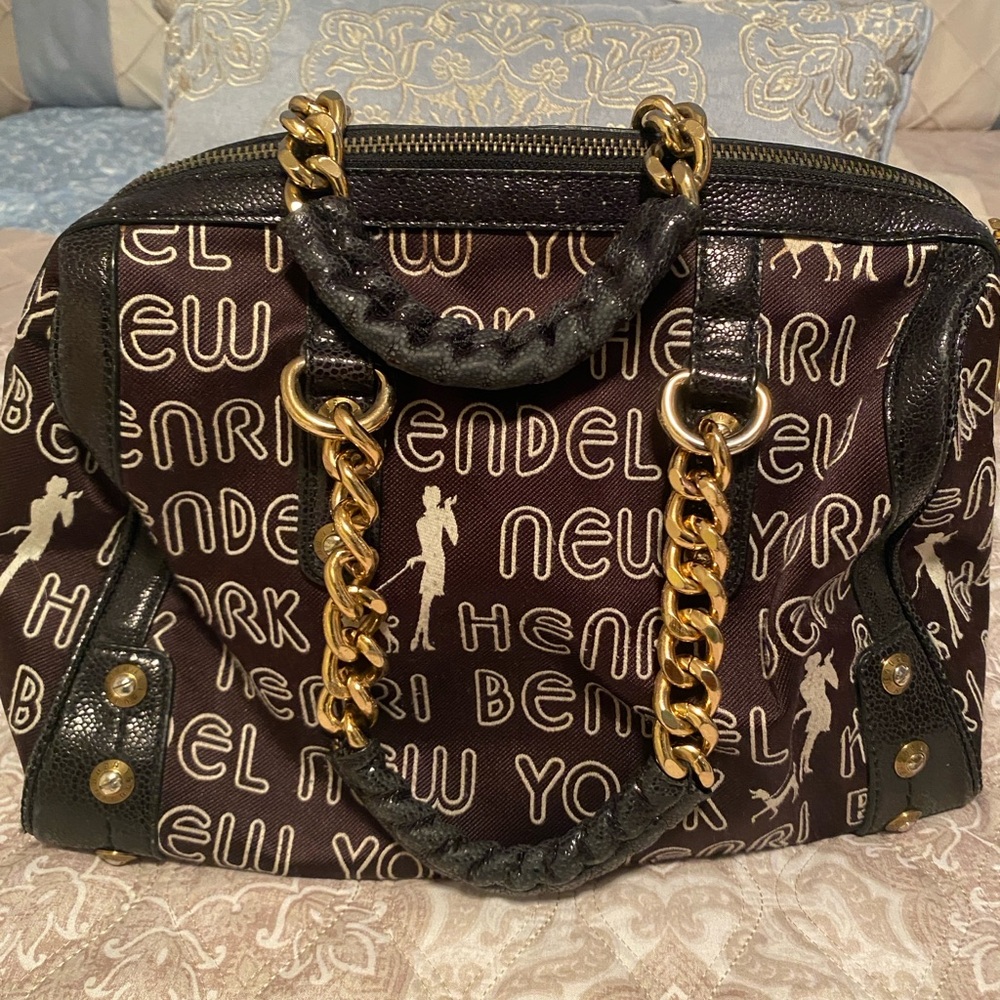 henri bendel Brown Logo Chain-Handle Satchel with Gold Hardware